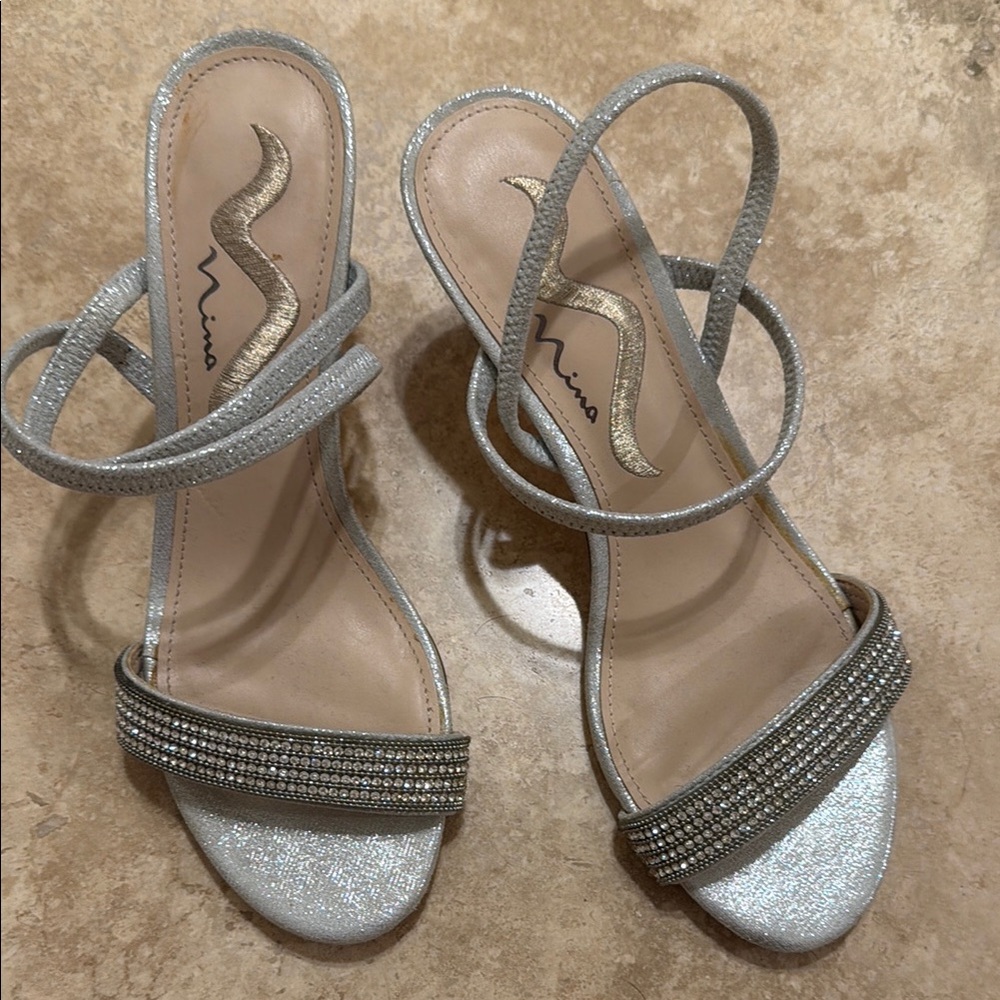 Nina Silver Glitter Strappy Heels with Rhinestone Accent